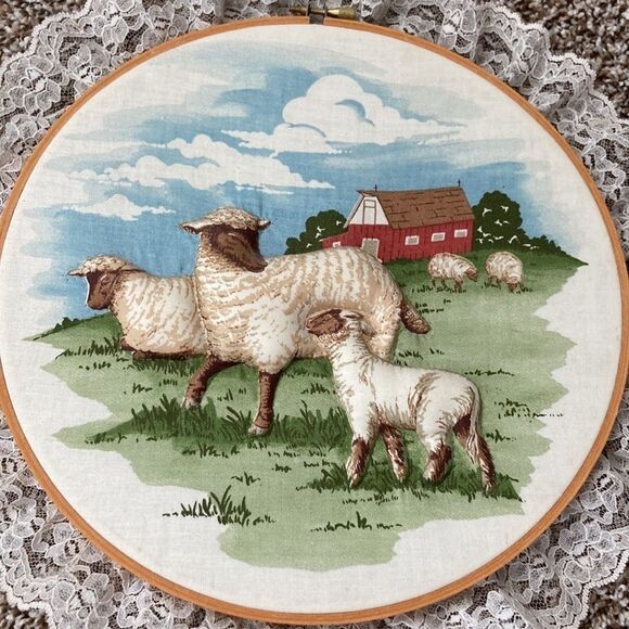 Vintage Sheep Farm Lace Embroidery Hoop Wall Art - Picture 2 of 7
